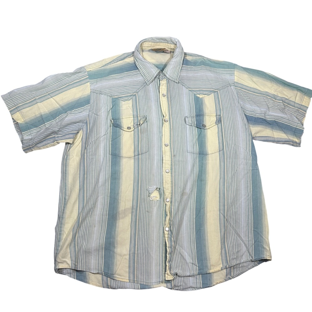 Moda Tech Mens XXL Western Pearl Snap Shirt Short Sleeve Striped Thrashed Blue